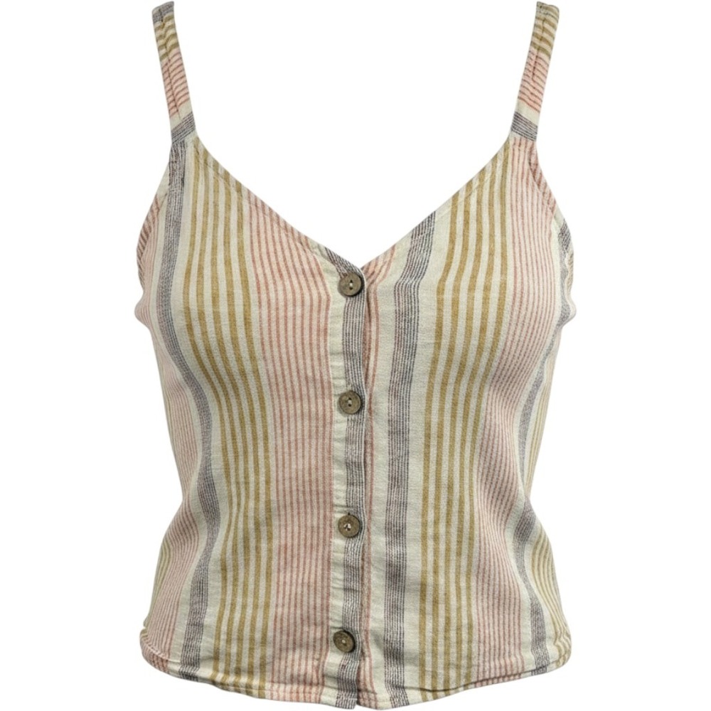 Ruby‎ Moon Linen Blend Striped Button Down Camisole Crop Top Multi-Color Small